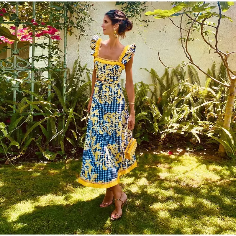 Print High Waist Pleated Slim Maxi Dresses Fly Sleeve Tops Skirt Sets