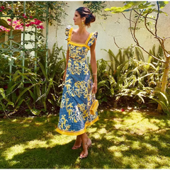Print High Waist Pleated Slim Maxi Dresses Fly Sleeve Tops Skirt Sets