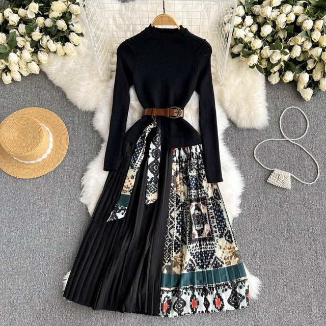 Print Long Sleeve Belt Sweater Dress