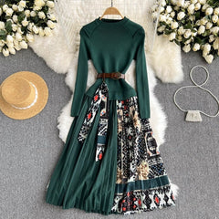 Print Long Sleeve Belt Sweater Dress