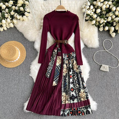 Print Long Sleeve Belt Sweater Dress