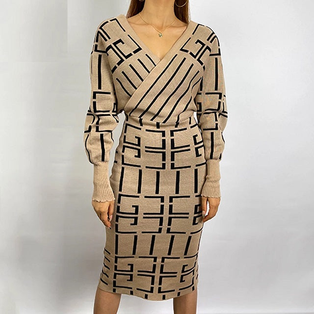Print Long Sleeve V Neck Slim Midi Dress