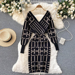 Print Long Sleeve V Neck Slim Midi Dress