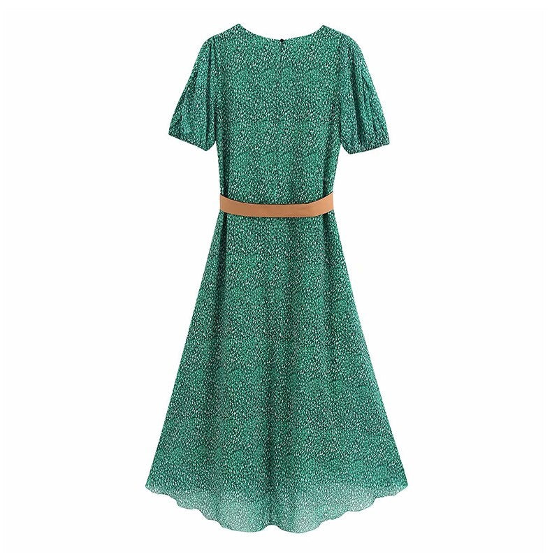 Printed Chiffon Casual Long Dress With Belt