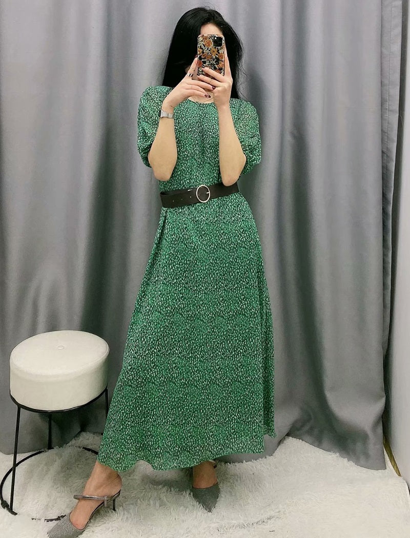 Printed Chiffon Casual Long Dress With Belt