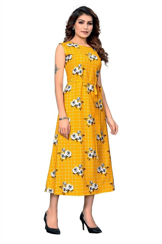 Printed Long Dress With Cloth Belt