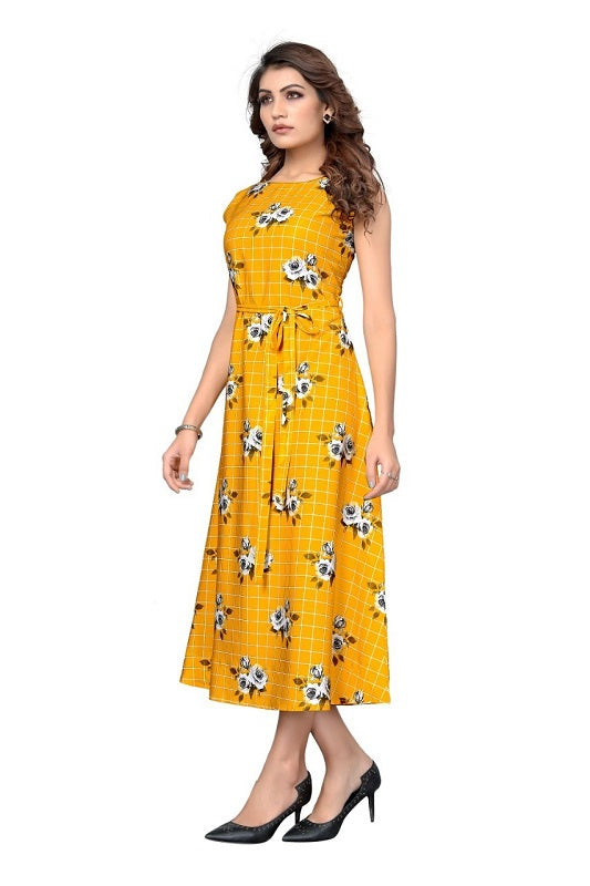 Printed Long Dress With Cloth Belt