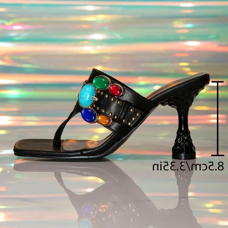 Rivet Buckle Design Modern Slippers Elegant Square Toe Gemstone Decoration Slide Sandals Clip Toe Flip Flops