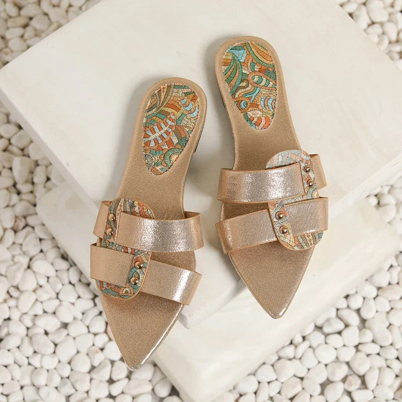 Rivet Decoration Design Flat Slippers Open Toe Beach Sandals Comfort Soft Sole Casual Shoes