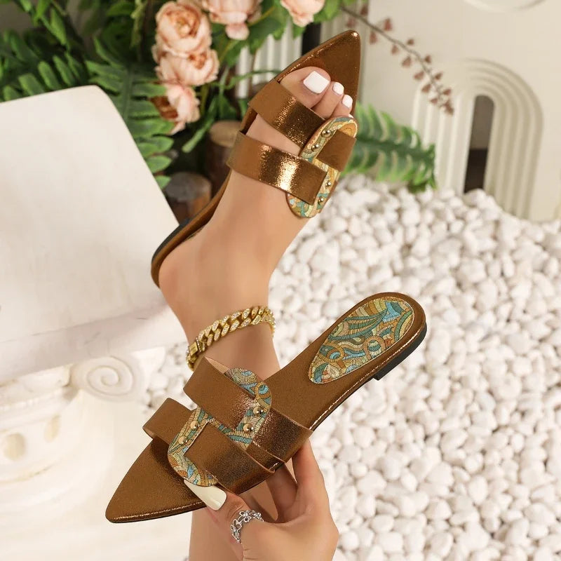Rivet Decoration Design Flat Slippers Open Toe Beach Sandals Comfort Soft Sole Casual Shoes