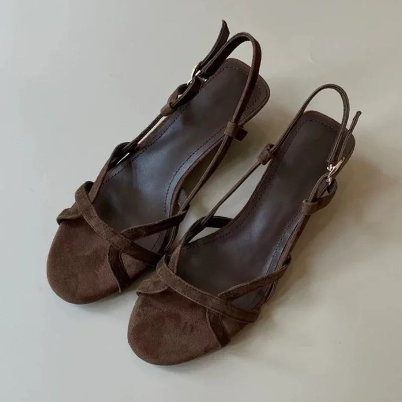 Round Toe Narrow Band Roman Style Platform Sandal Comfort Open Toe Wedge Designer Shoe Brown Faux Suede Beach Shoe