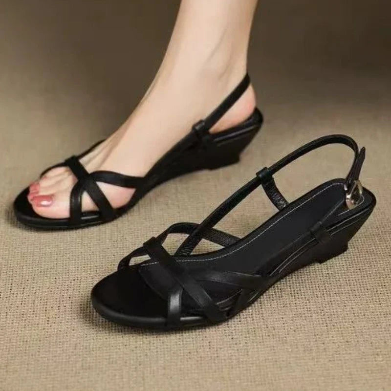 Round Toe Narrow Band Roman Style Platform Sandal Comfort Open Toe Wedge Designer Shoe Brown Faux Suede Beach Shoe