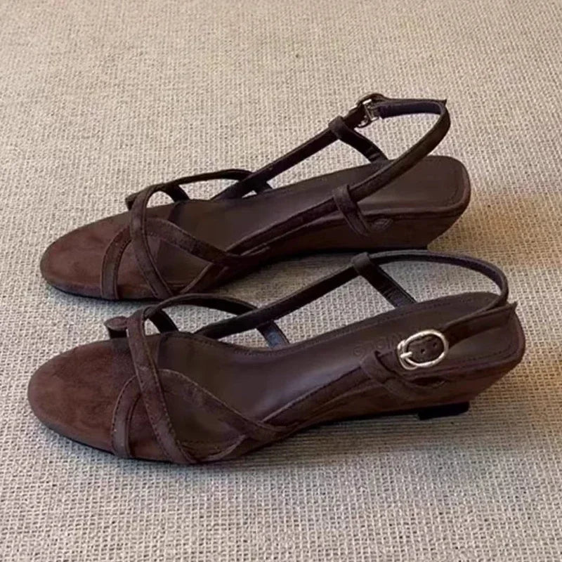 Round Toe Narrow Band Roman Style Platform Sandal Comfort Open Toe Wedge Designer Shoe Brown Faux Suede Beach Shoe