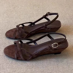 Round Toe Narrow Band Roman Style Platform Sandal Comfort Open Toe Wedge Designer Shoe Brown Faux Suede Beach Shoe