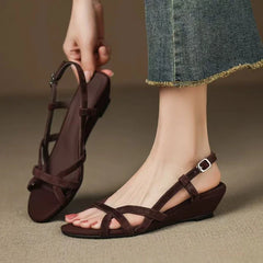 Round Toe Narrow Band Roman Style Platform Sandal Comfort Open Toe Wedge Designer Shoe Brown Faux Suede Beach Shoe