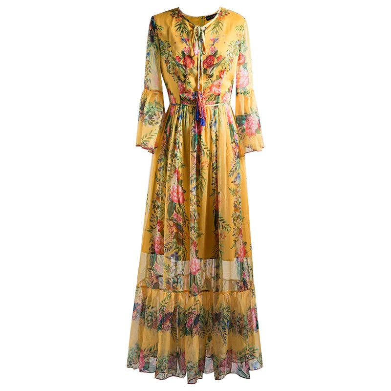 Runway Batwing Sleeve Bohemian Bow Sashes Print Maxi Dress