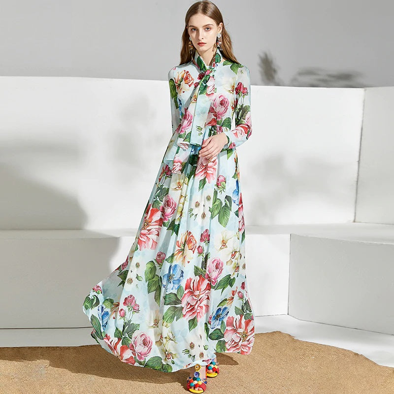 Runway Floral Print Boho Beach Chiffon Long Dress