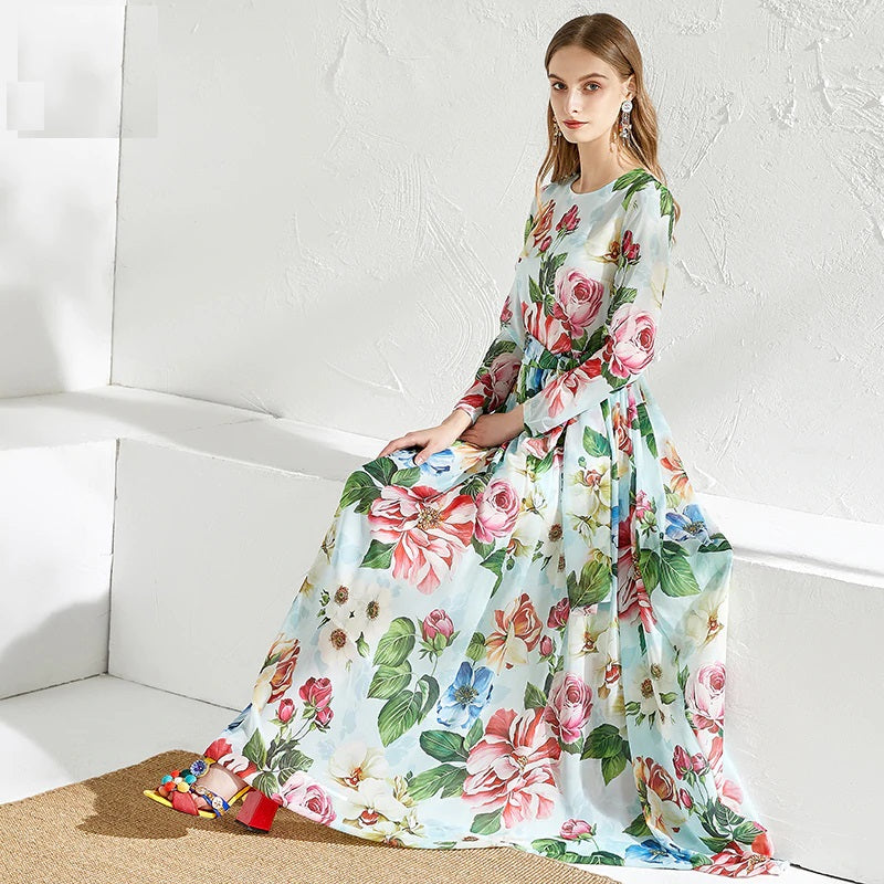 Runway Floral Print Boho Beach Chiffon Long Dress