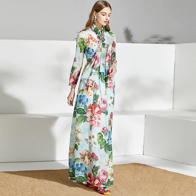 Runway Floral Print Boho Beach Chiffon Long Dress