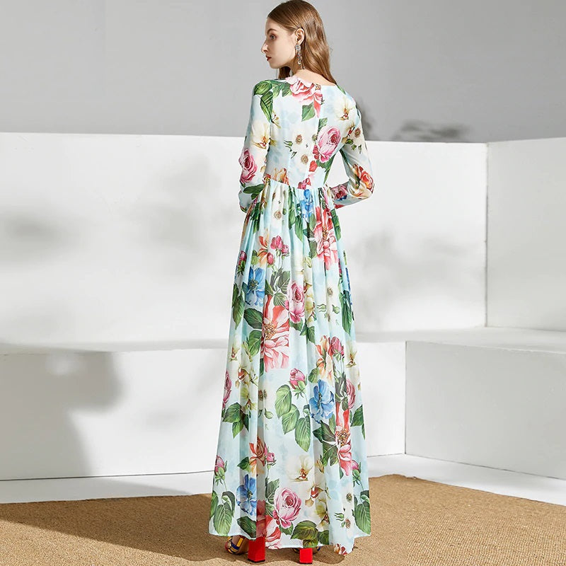 Runway Floral Print Boho Beach Chiffon Long Dress