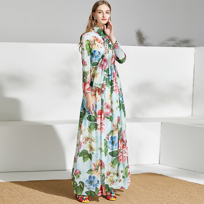 Runway Floral Print Boho Beach Chiffon Long Dress