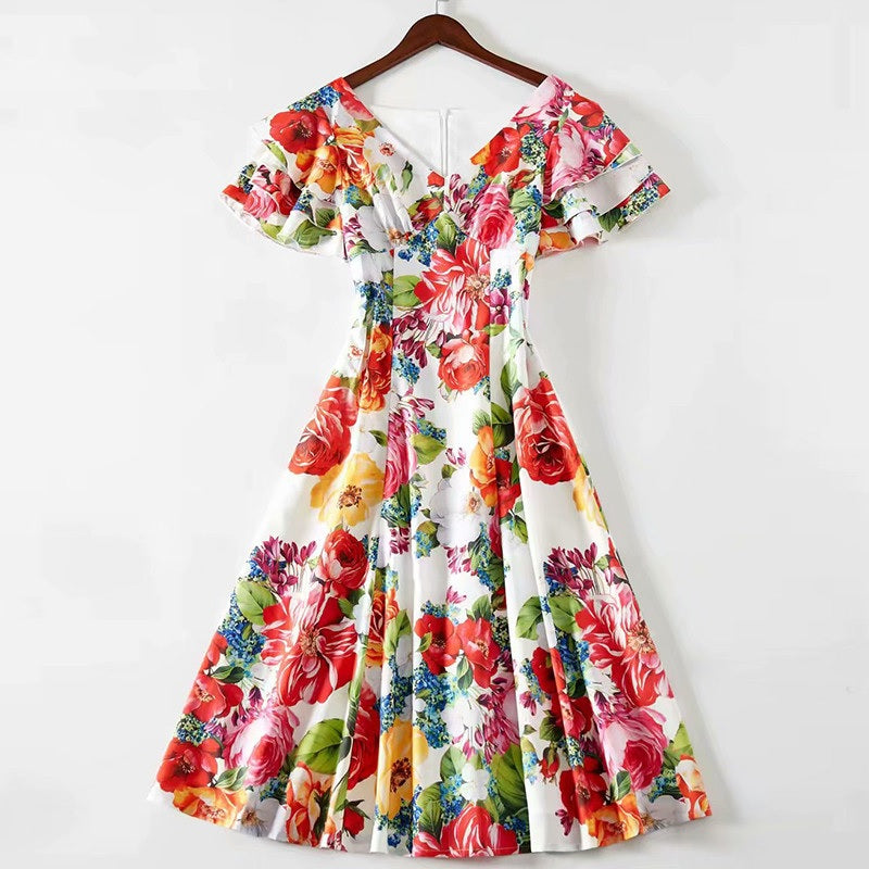 Runway V-Neck Party Mid-Calf Dress