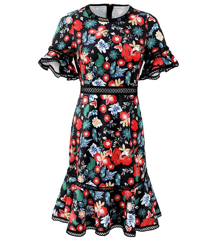 Vintage Runway Short Sleeve Flower Print Hollow Out Mini Dress