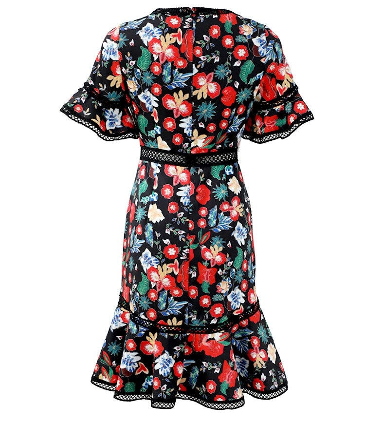 Vintage Runway Short Sleeve Flower Print Hollow Out Mini Dress