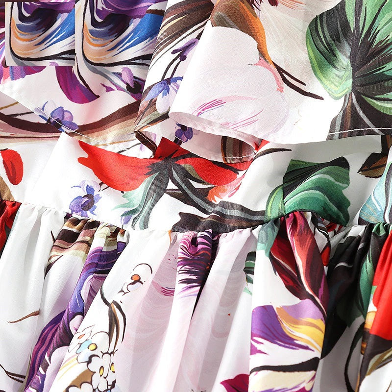 Runway Slash neck Tiered Floral Printed Draped Ruffles Long Dress