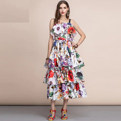 Runway Slash neck Tiered Floral Printed Draped Ruffles Long Dress