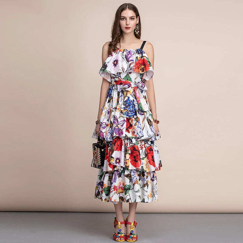 Runway Slash neck Tiered Floral Printed Draped Ruffles Long Dress