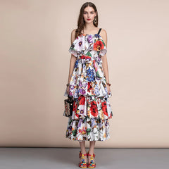 Runway Slash neck Tiered Floral Printed Draped Ruffles Long Dress