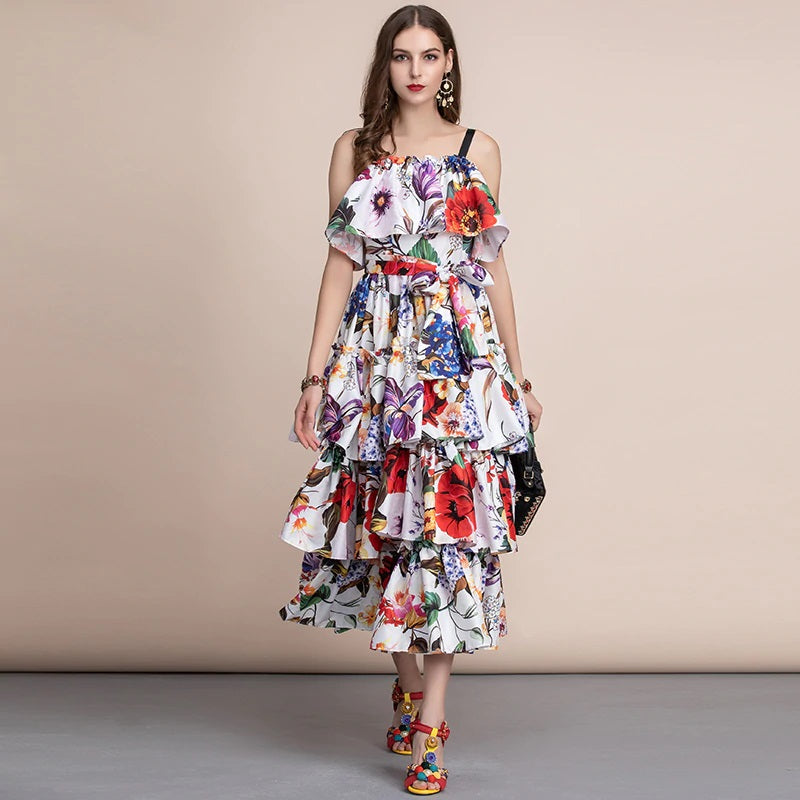 Runway Slash neck Tiered Floral Printed Draped Ruffles Long Dress