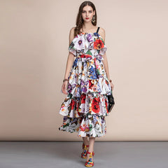 Runway Slash neck Tiered Floral Printed Draped Ruffles Long Dress