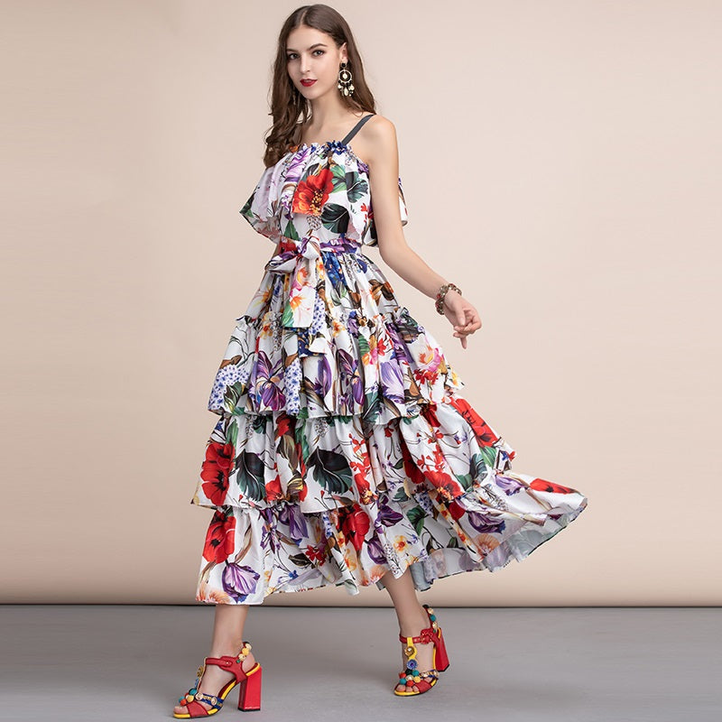 Runway Slash neck Tiered Floral Printed Draped Ruffles Long Dress