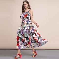 Runway Slash neck Tiered Floral Printed Draped Ruffles Long Dress