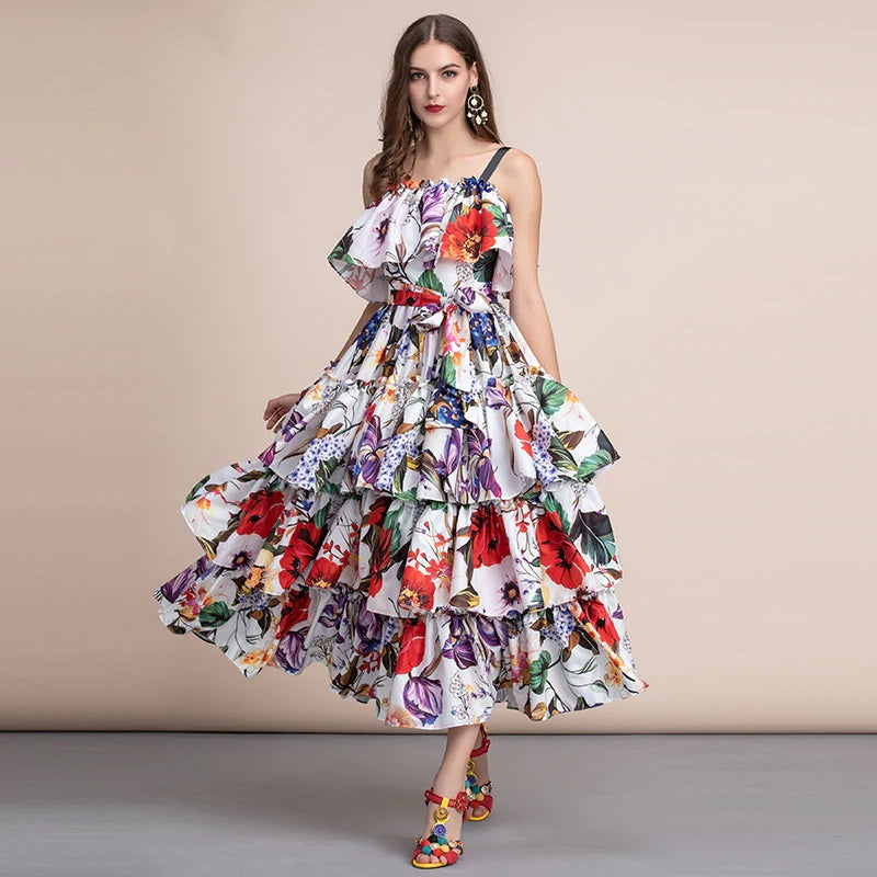 Runway Slash neck Tiered Floral Printed Draped Ruffles Long Dress