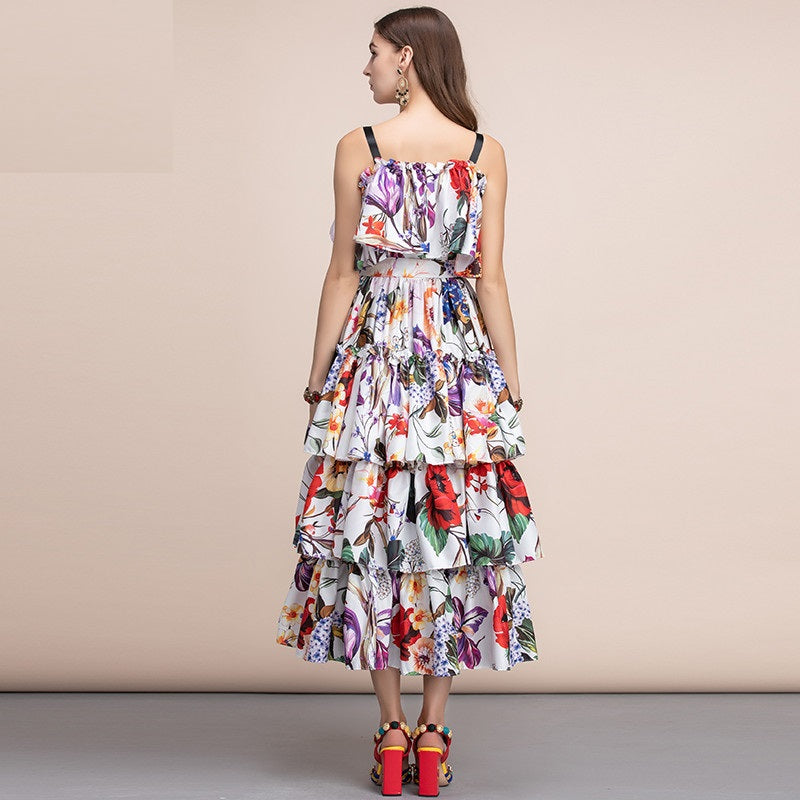 Runway Slash neck Tiered Floral Printed Draped Ruffles Long Dress