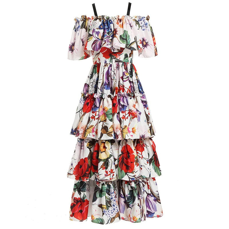 Runway Slash neck Tiered Floral Printed Draped Ruffles Long Dress