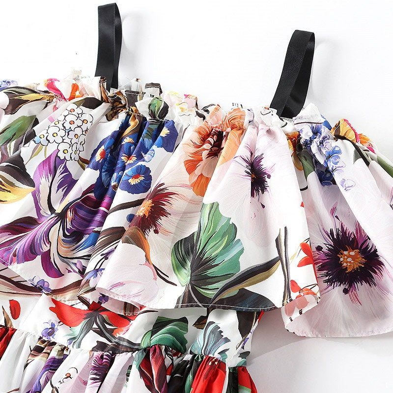 Runway Slash neck Tiered Floral Printed Draped Ruffles Long Dress