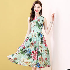 Runway Sleeveless Floral Print A Line Midi Dress