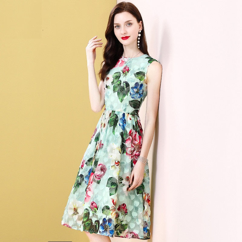 Runway Sleeveless Floral Print A Line Midi Dress