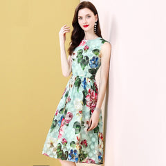 Runway Sleeveless Floral Print A Line Midi Dress