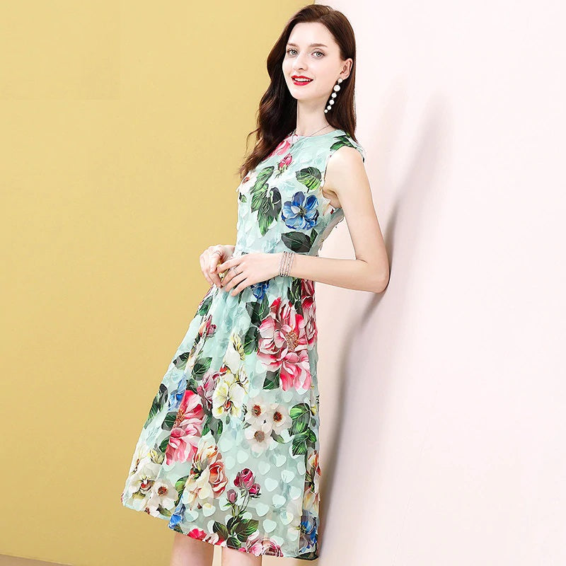 Runway Sleeveless Floral Print A Line Midi Dress