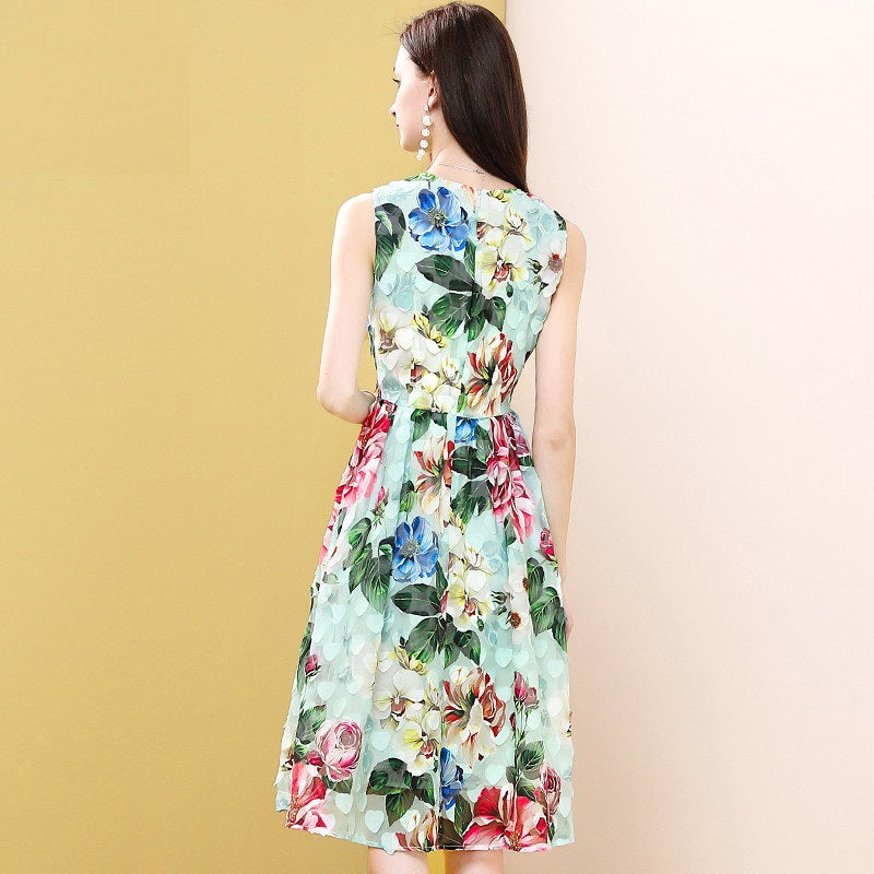 Runway Sleeveless Floral Print A Line Midi Dress
