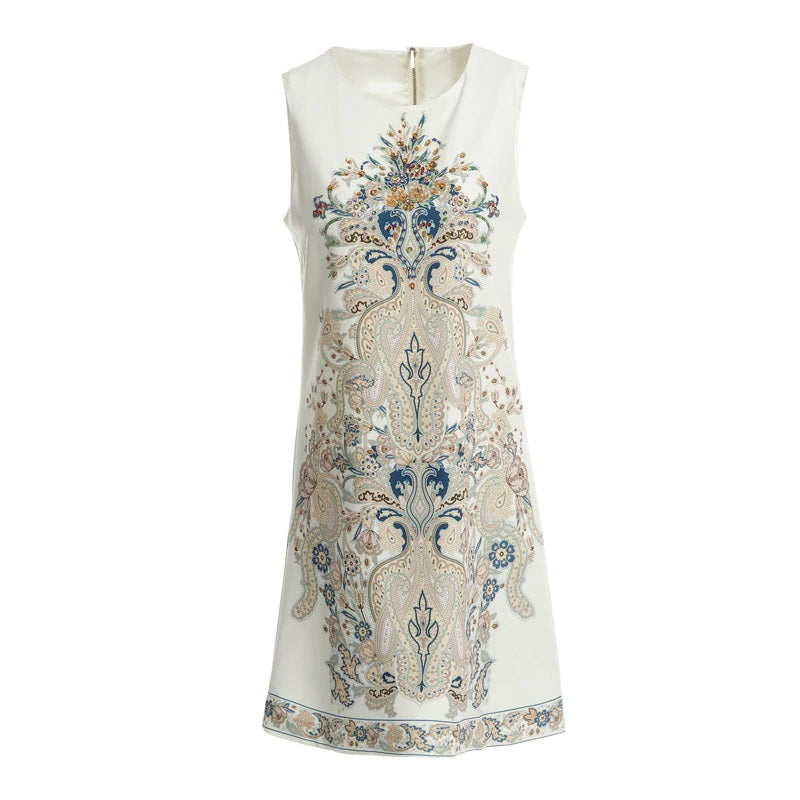Vintage Runway Cotton Printed Beading Mini Dress