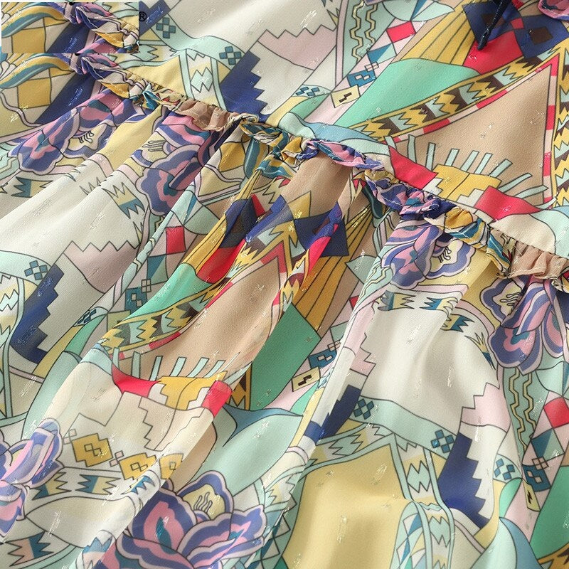 Runway Stand Collar Pattern Print High Waist Dress