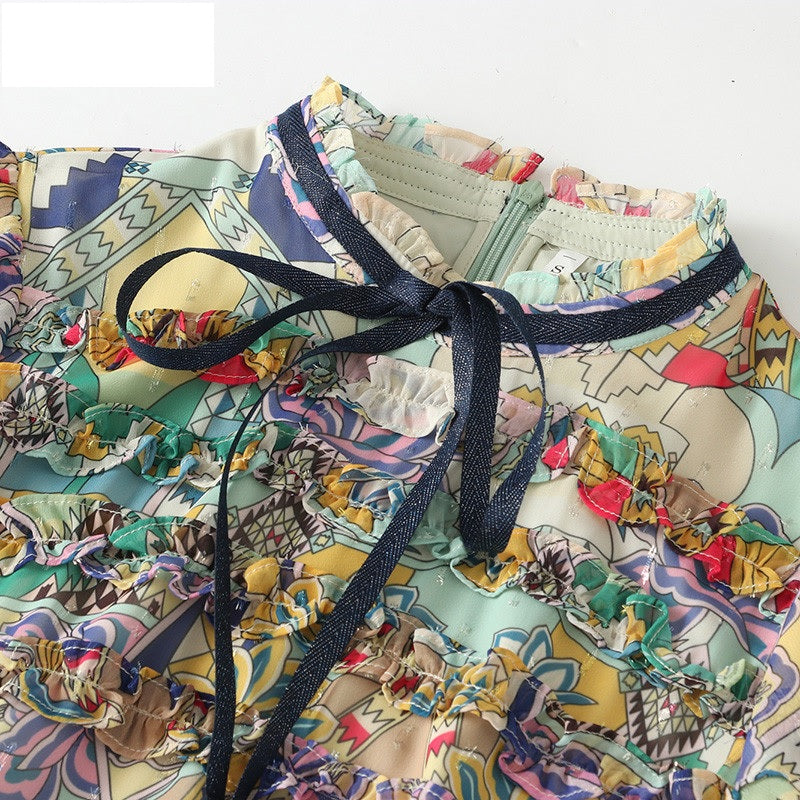 Runway Stand Collar Pattern Print High Waist Dress