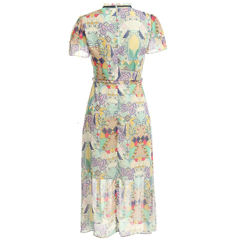 Runway Stand Collar Pattern Print High Waist Dress