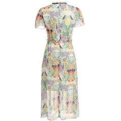 Runway Stand Collar Pattern Print High Waist Dress